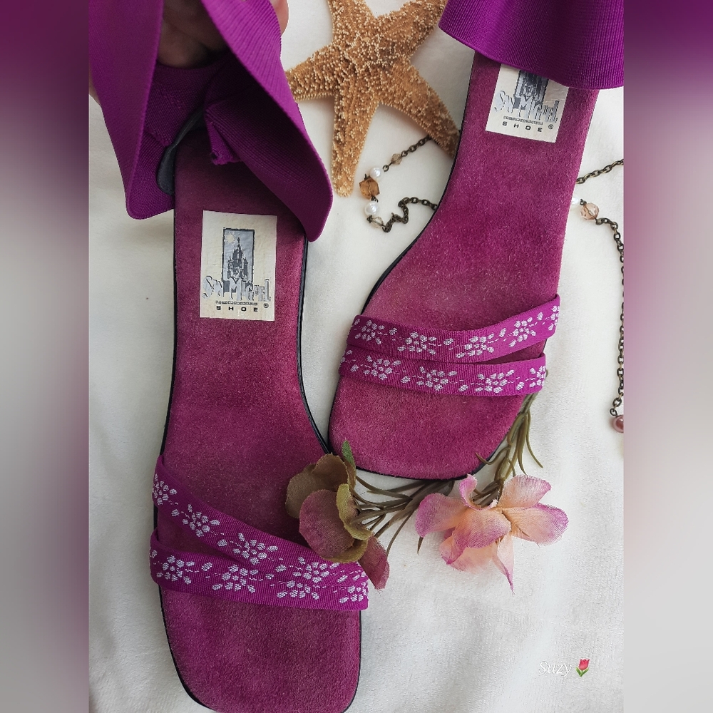 SAN MIGUEL Purple Sandals, Suede Footbeds, Cotton Bands